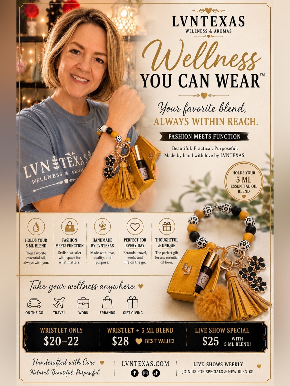 25. Custom Mustard Wristlet Keychain Set w/ Young Living Roller Bottles